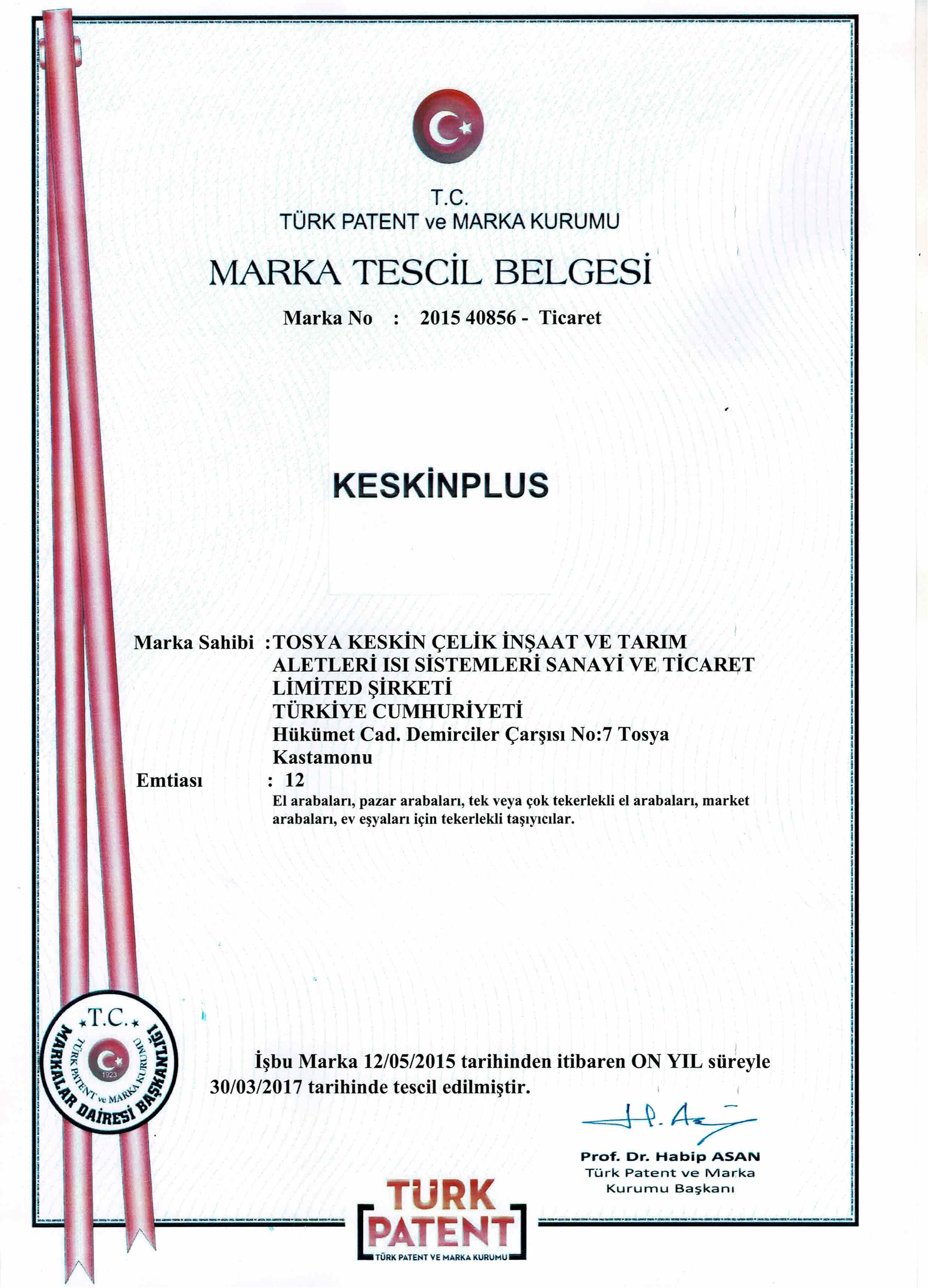 شهادة تسجيل العلامة التجارية KESKIN PLUS